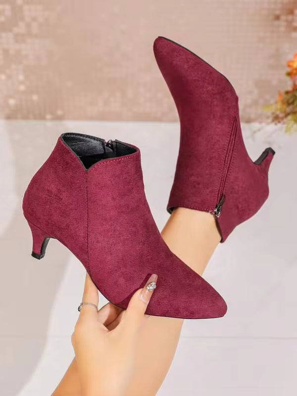 Women's Fashion Boots, New Minimalist Elegant Versatile Pointed Toe Comfortable Kitten Heel Ankle Boots With Side Zipper, Suitable For Holiday Parties, Vintage Burgundy, Brown, Classic Ankle Boots, Autumn Boots